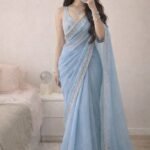 Women’s Light Blue Net Saree with Sequin & Stone Work _ Designer Party Wear Saree 🩵