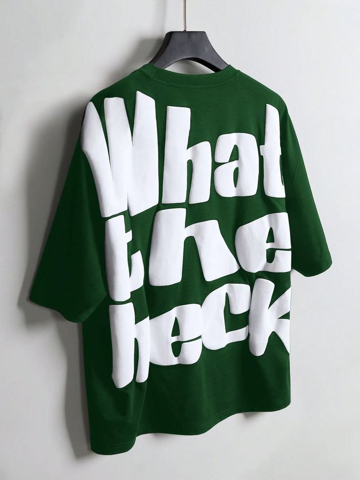 Men's Letter Print Casual Round Neck Batwing Sleeve T-Shirt,A Great Gift For A Boyfriend Or Husband_ Green Graphic Tee Men Green T-Shirt Slogan T-Shirt What The Heck T-Shirt Men Graphic Tee